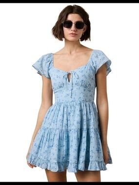 American Eagle Floral Flutter Sleeve Mini Dress in Light Baby Blue